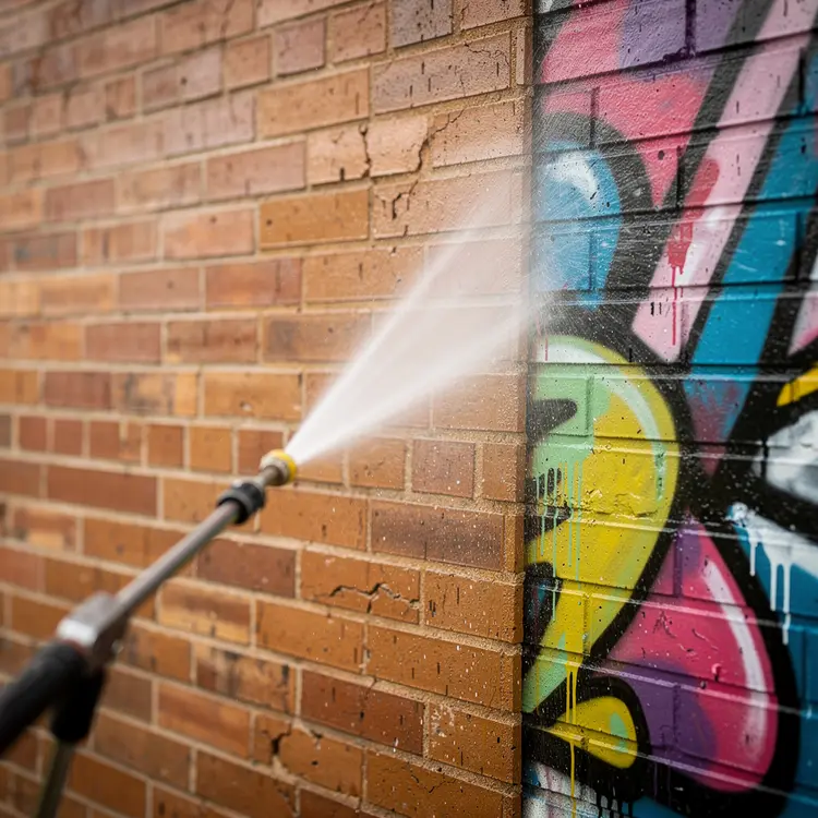 Graffiti Removal by Pressure Washing on Brick Wall