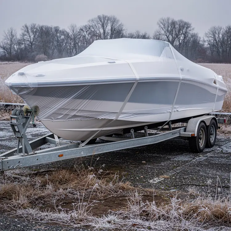 Shrink-Wrapped Boat on Trailer for Winter Storage