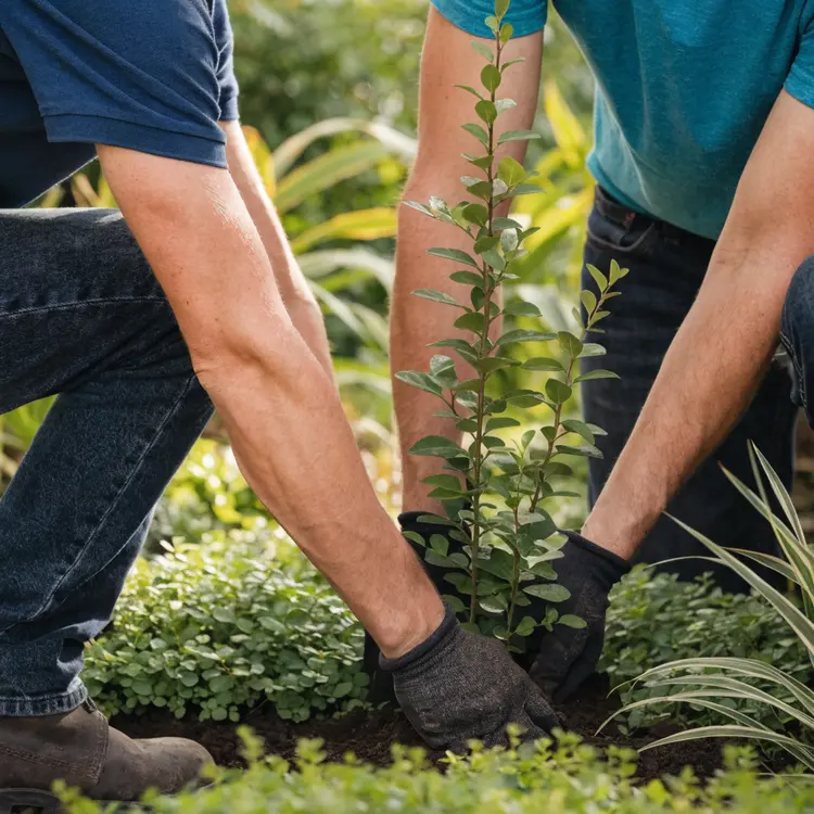 Two Workers Planting a Shrub in a Garden