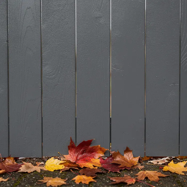 Painted Charcoal-Gray Wooden Privacy Fence with Autumn Leaves