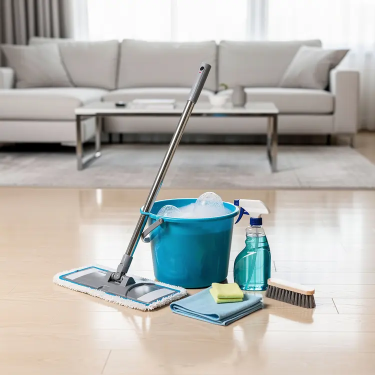 Home Cleaning Supplies on Hardwood Floor