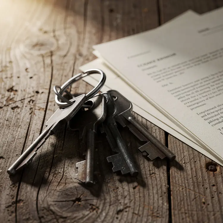Keys and Legal Documents on Wooden Surface