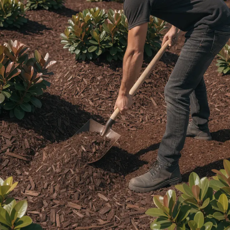 Worker Spreading Mulch in Garden Bed