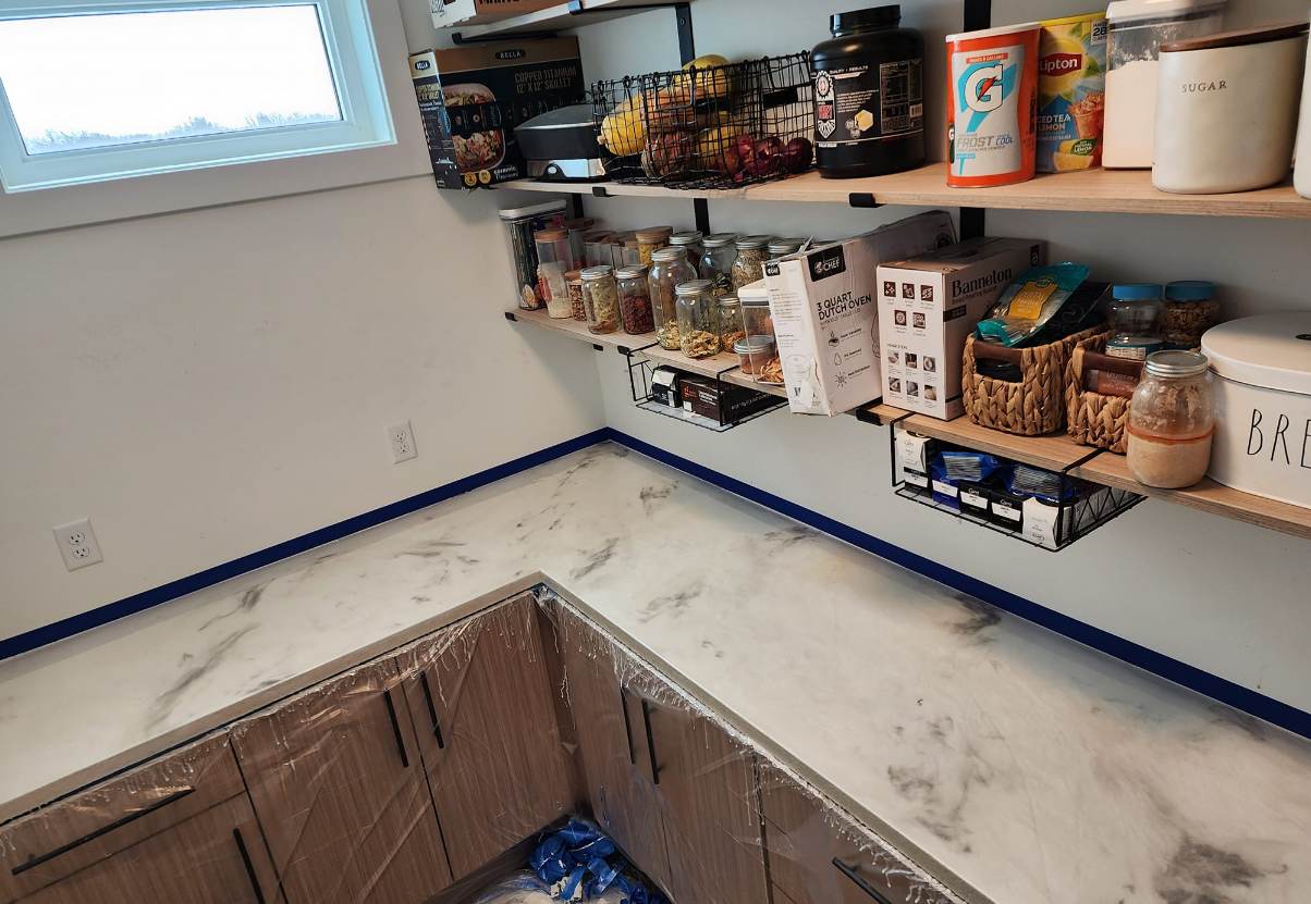 Marble-Look Epoxy Countertop Installation in Kitchen Pantry
