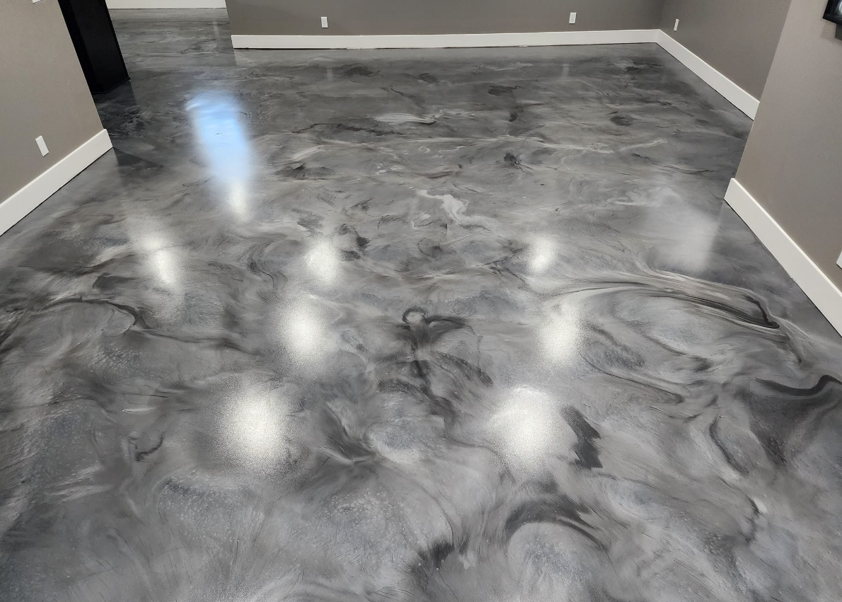 Metallic Epoxy Floor Coating – Gray Marble Swirl Finish