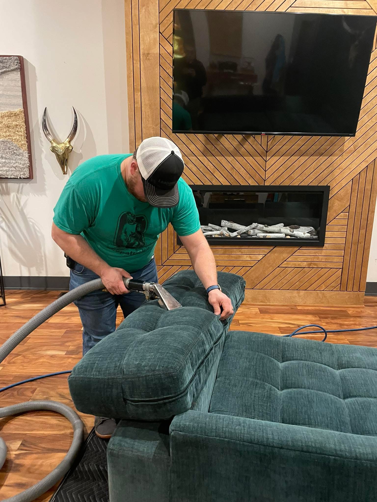 Professional Upholstery Cleaning on Green Velvet Sofa