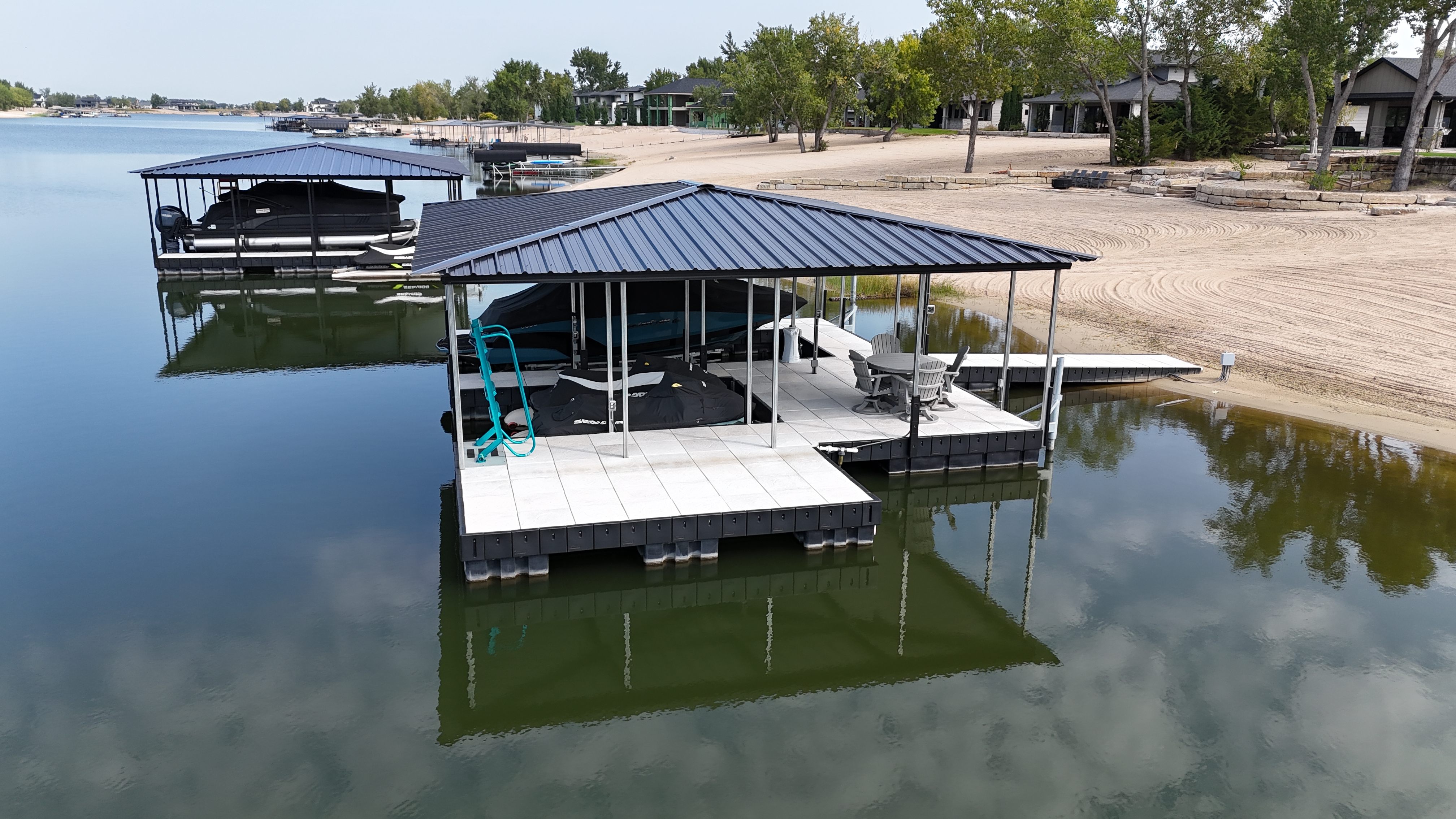 Covered Floating Dock with Boat Slip and Lounge Area