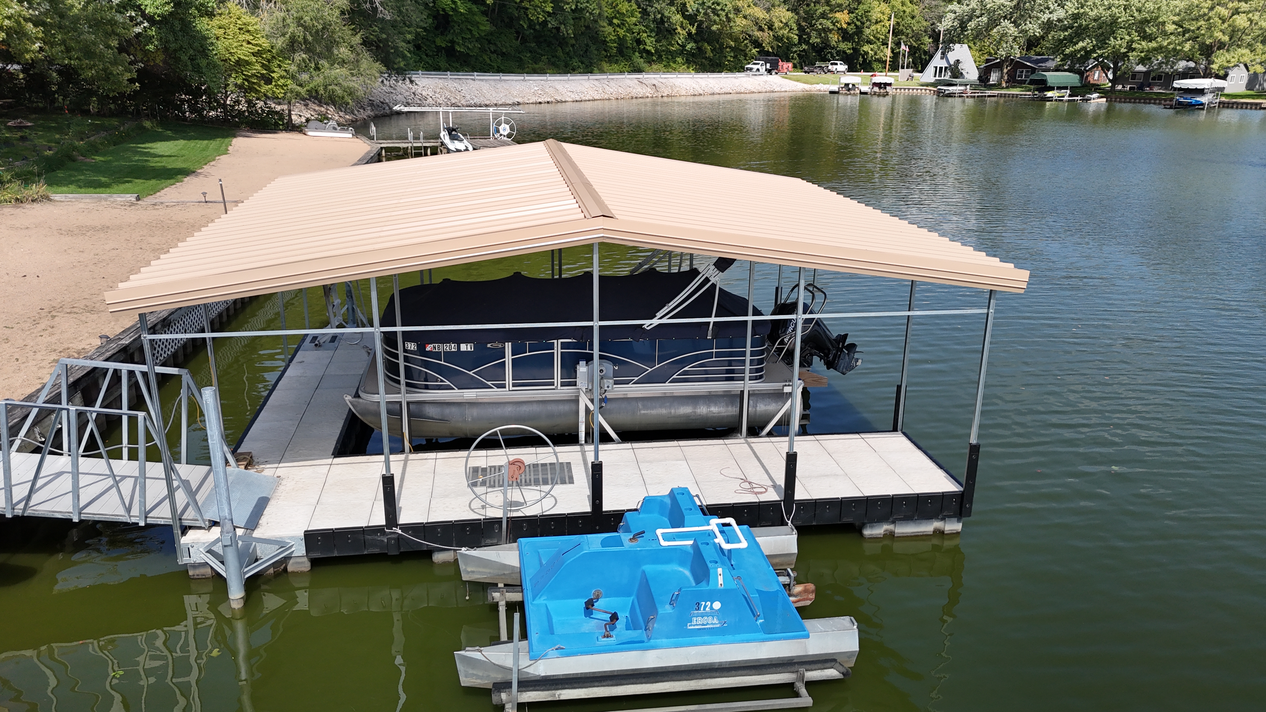 Covered Pontoon Boat Lift with Floating Dock System