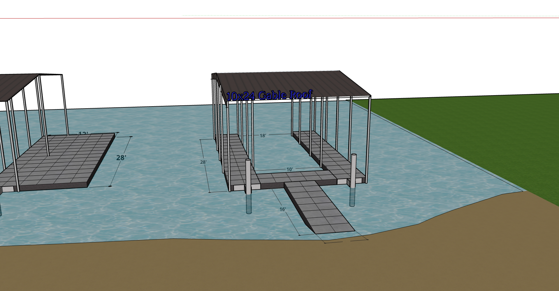 10x24 Gable Roof Covered Dock Design Rendering