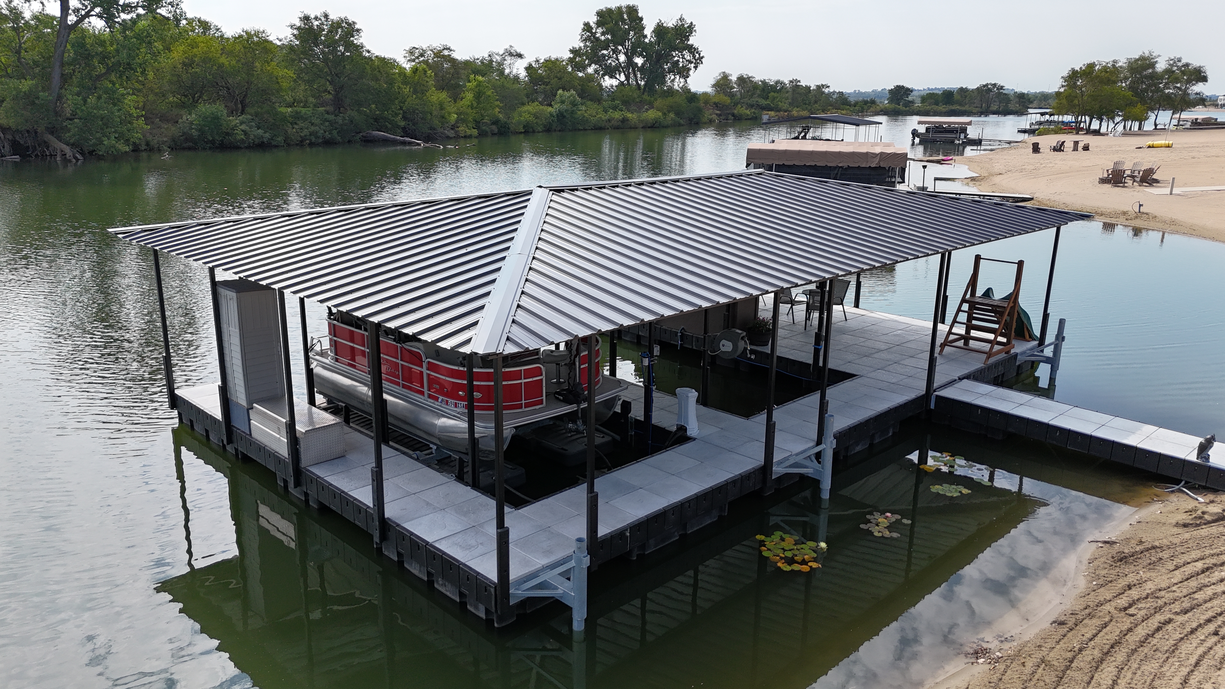 Custom Covered Floating Dock with Pontoon Boat Lift
