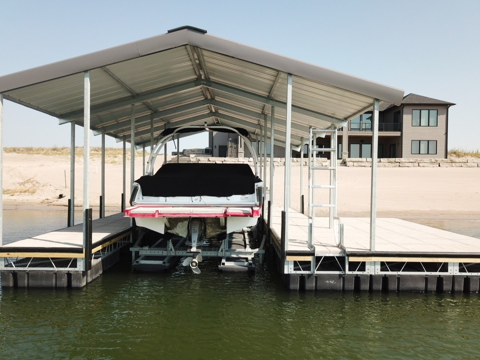 Covered Boat Lift with Floating Dock Installation