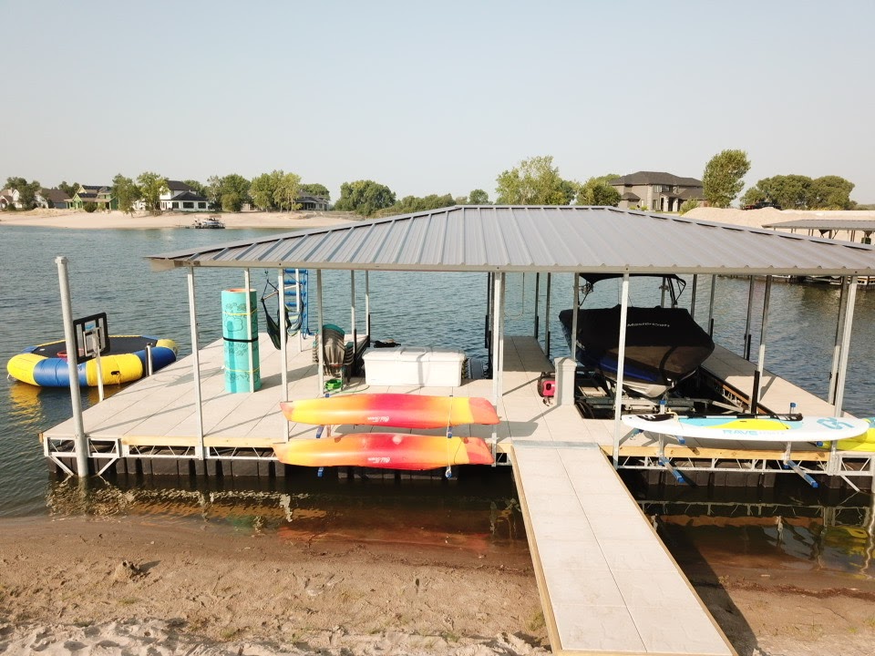Covered Floating Dock with Boat Lift & Kayak Storage