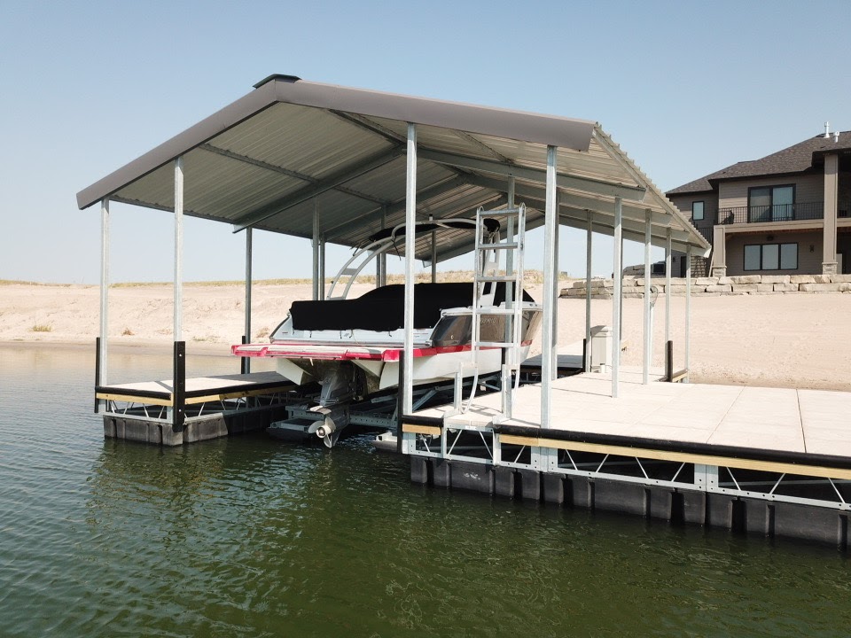 Covered Boat Lift with Floating Dock Installation