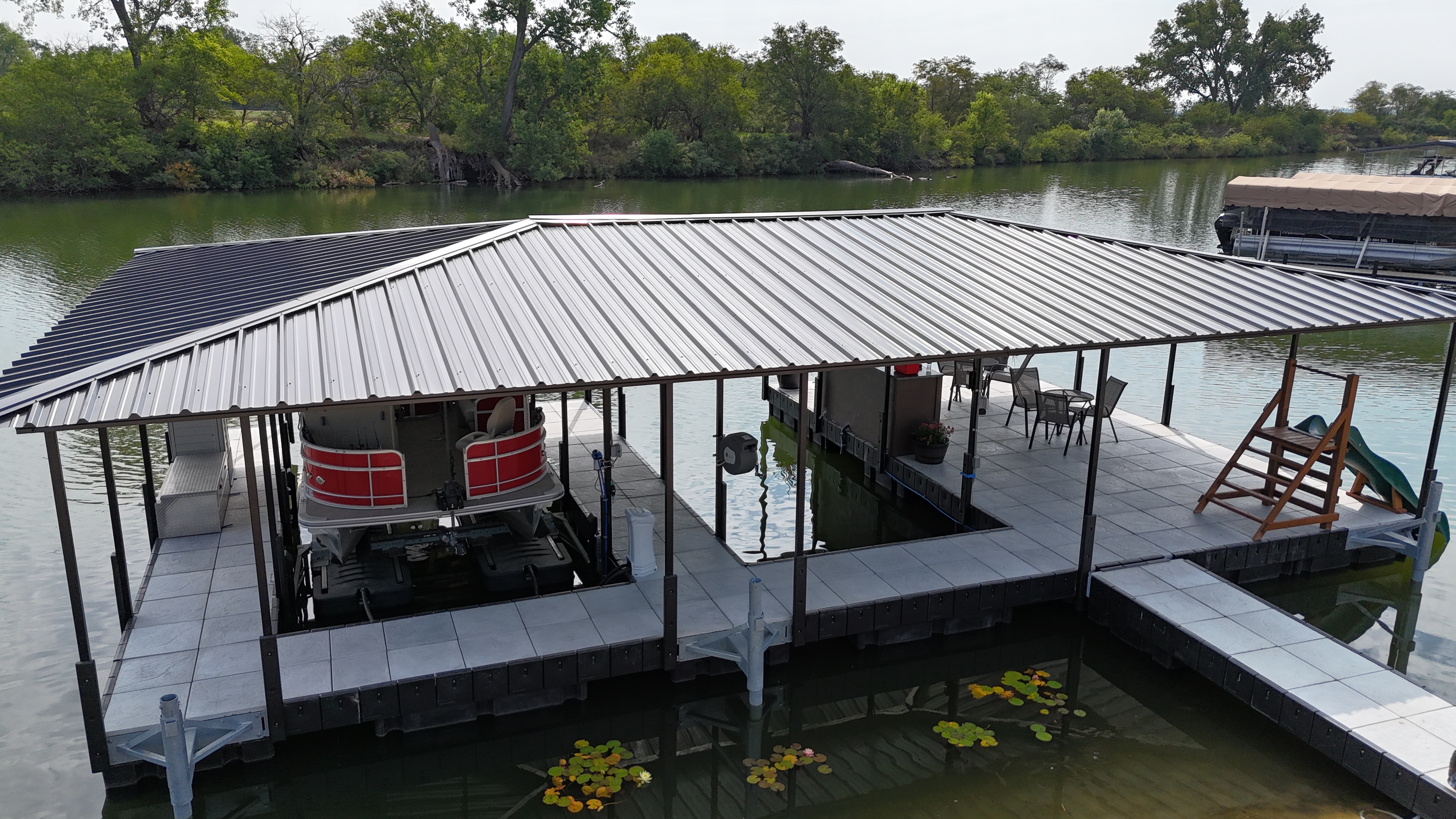 Custom Covered Floating Dock with Pontoon Boat Lift