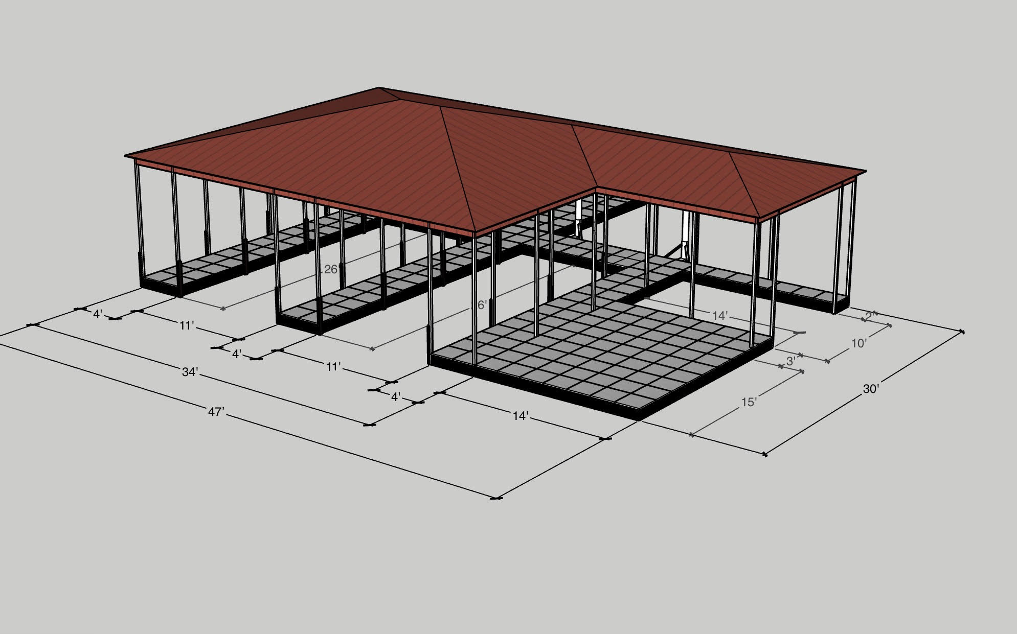 Custom L-Shaped Dock Design Rendering with Hip Roof