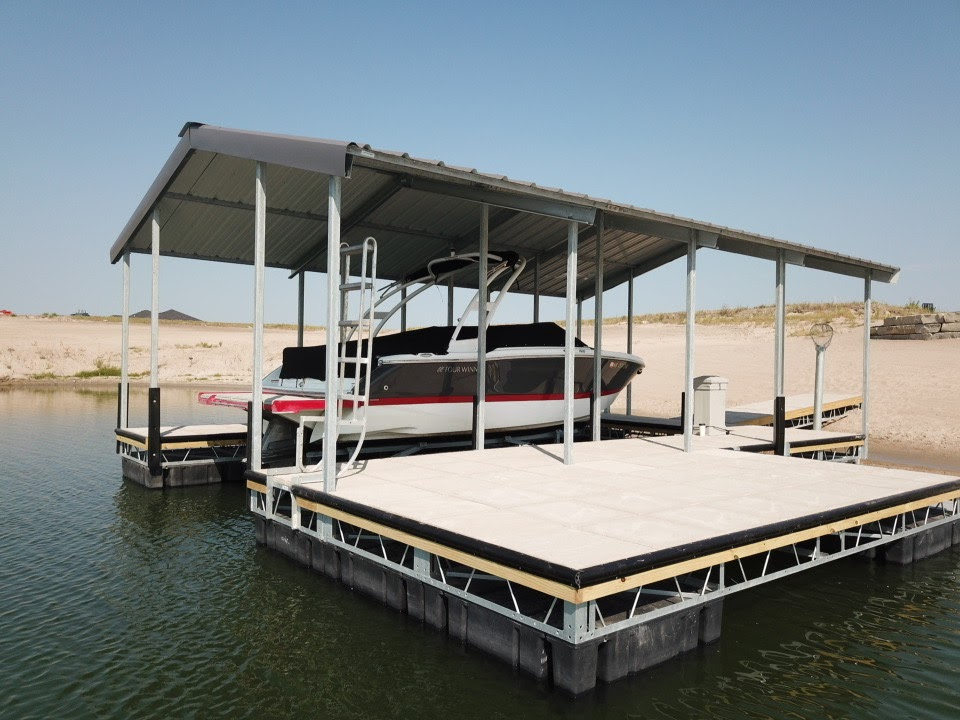 Covered Boat Lift with Floating Dock Installation