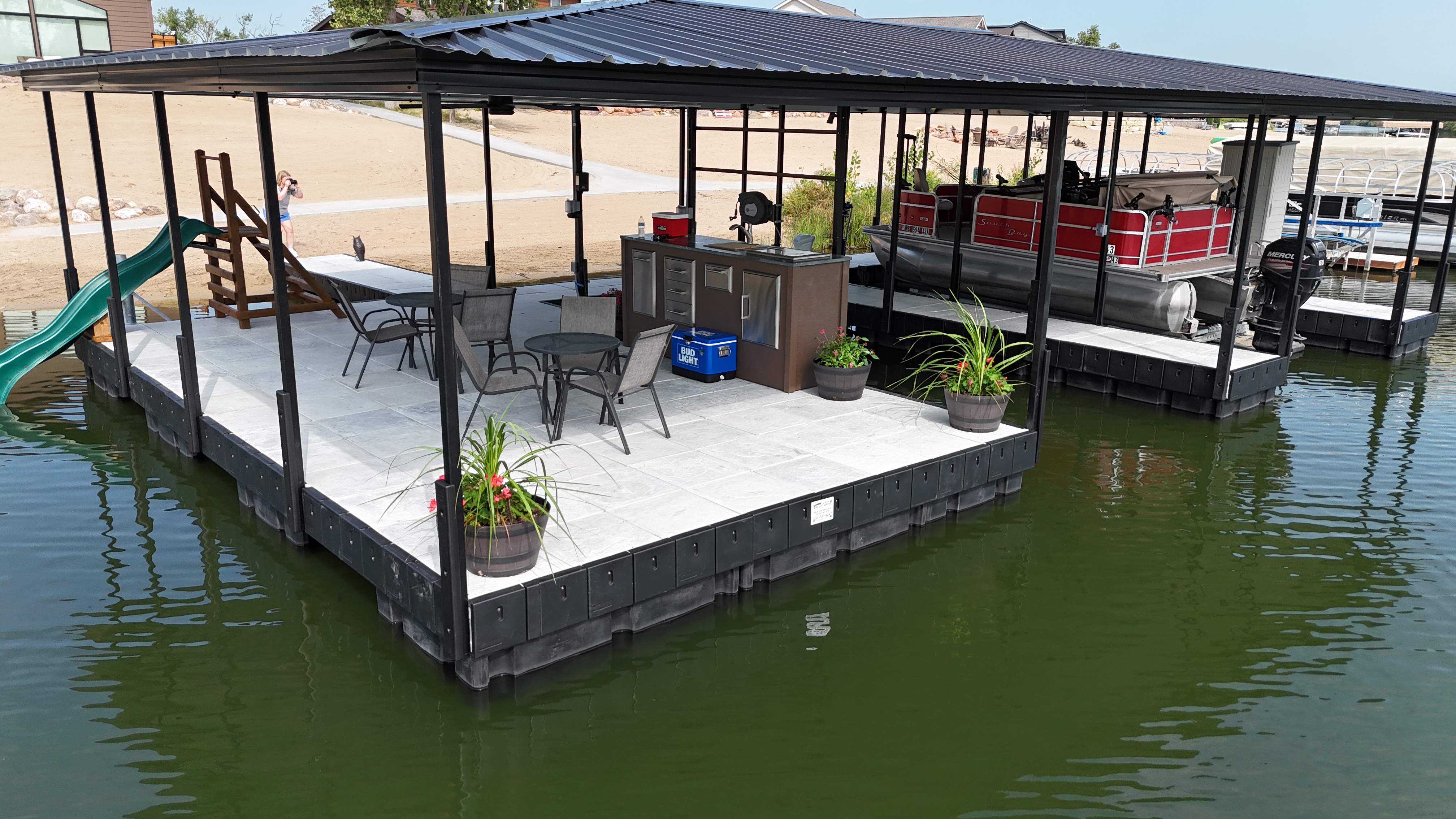 Custom Floating Dock with Covered Entertaining Area & Boat Lift