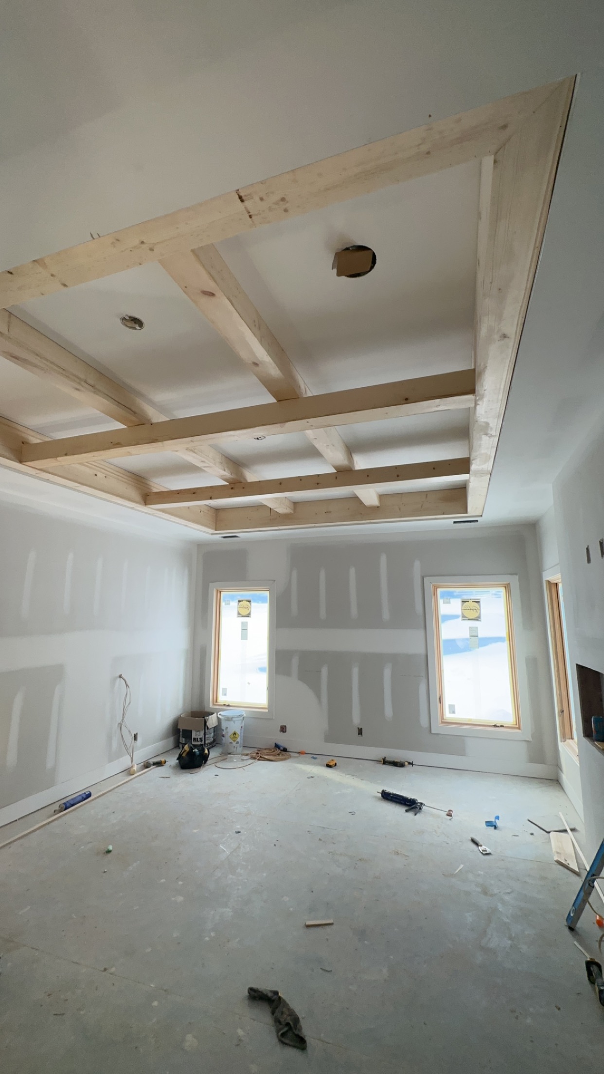 Custom Coffered Ceiling Beam Installation in Progress