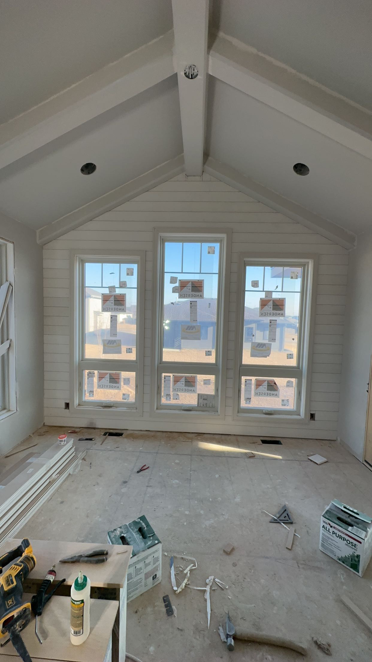 Vaulted Ceiling Beams, Shiplap & Window Trim Installation