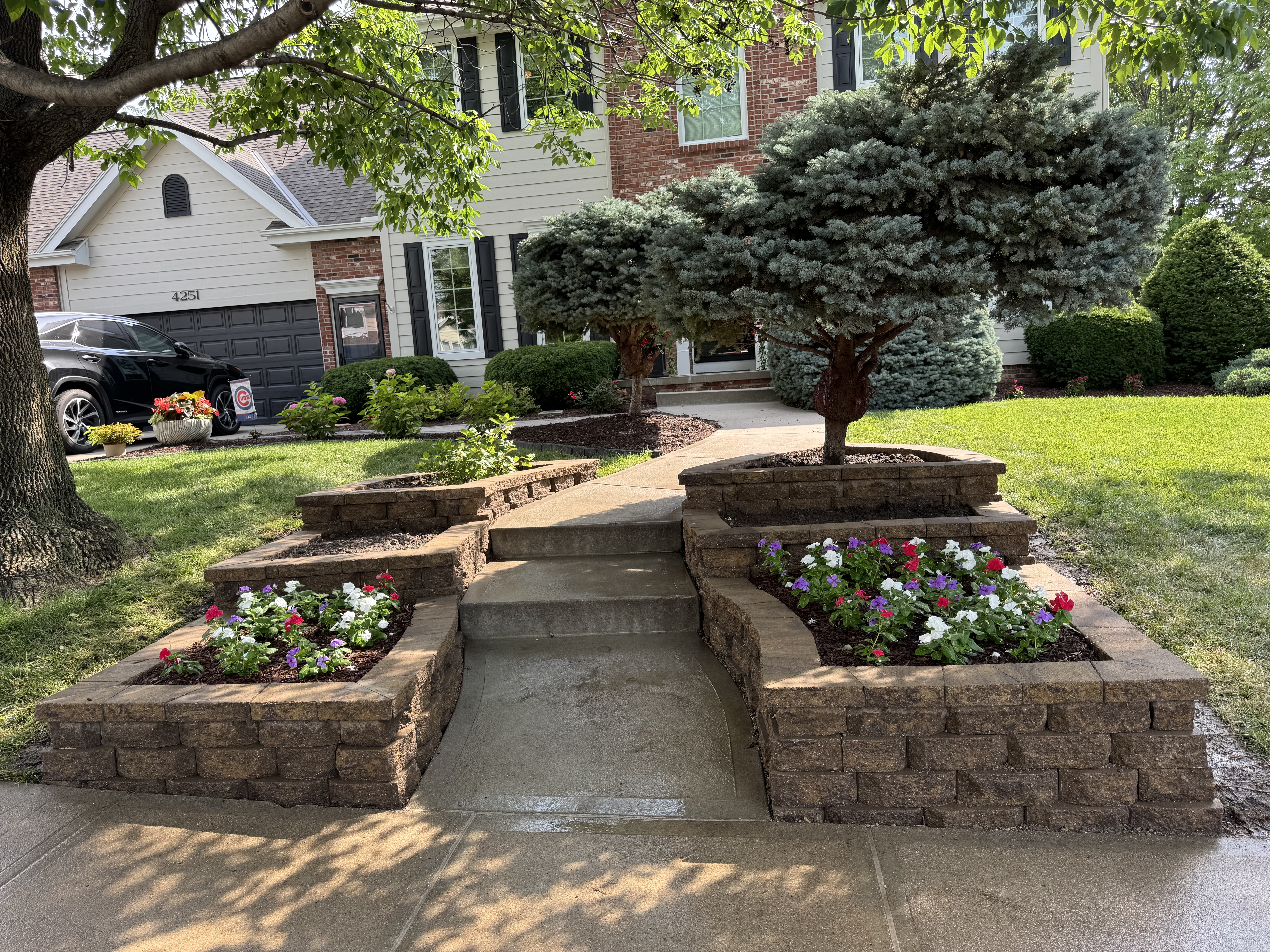 Block Retaining Wall Planters with Concrete Walkway