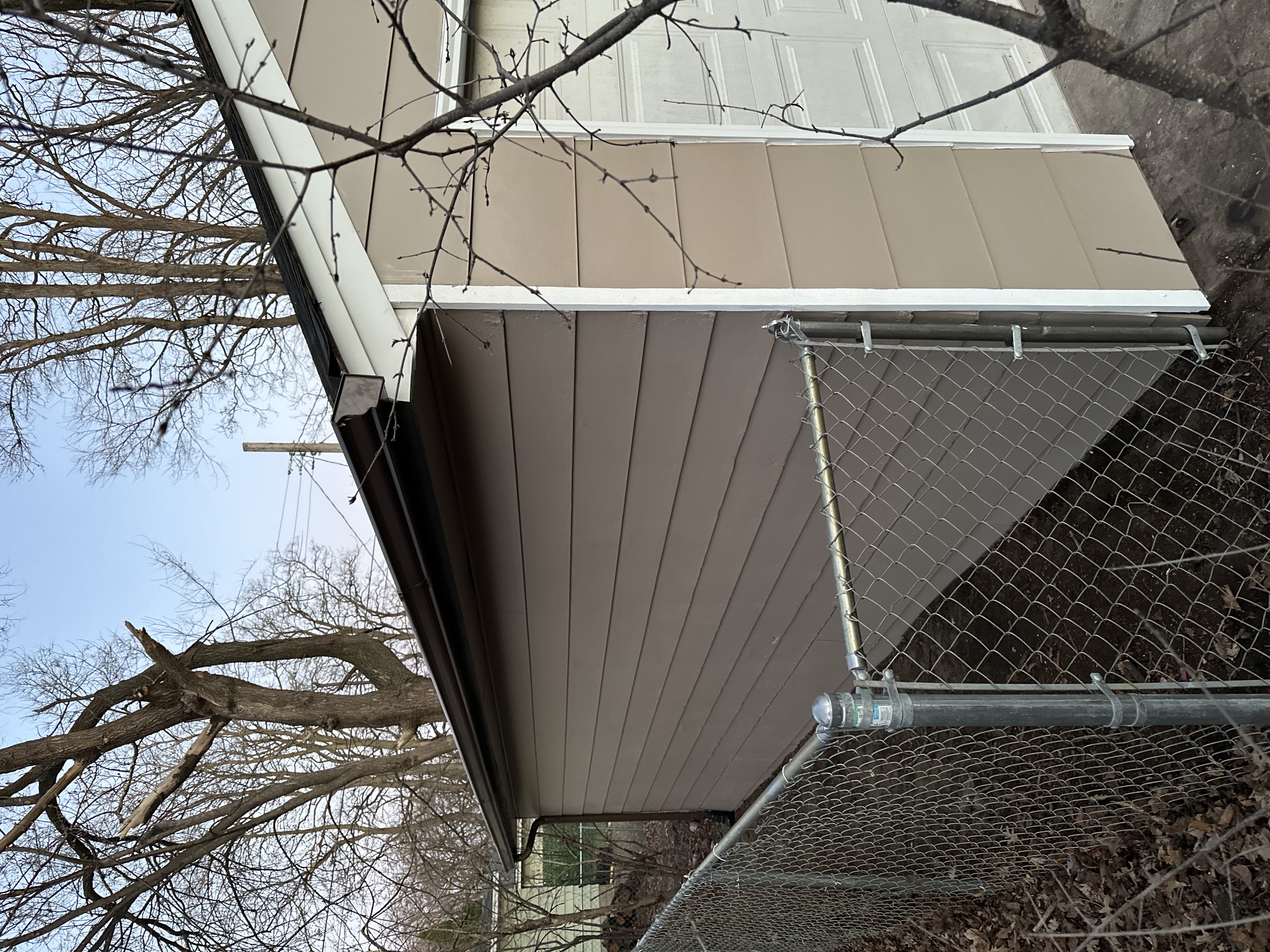 Residential Garage Exterior Painting – Taupe Siding with White Trim
